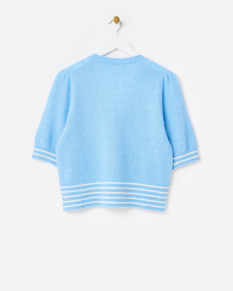 Blue & White Striped V-Neck Short Sleeve Knitted Cardigan