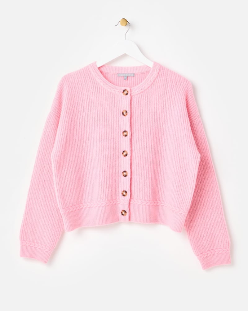Light Pink Plait Stitch Crew Neck Knitted Cardigan