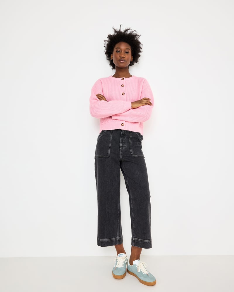 Light Pink Plait Stitch Crew Neck Knitted Cardigan