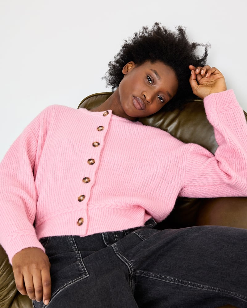 Light Pink Plait Stitch Crew Neck Knitted Cardigan