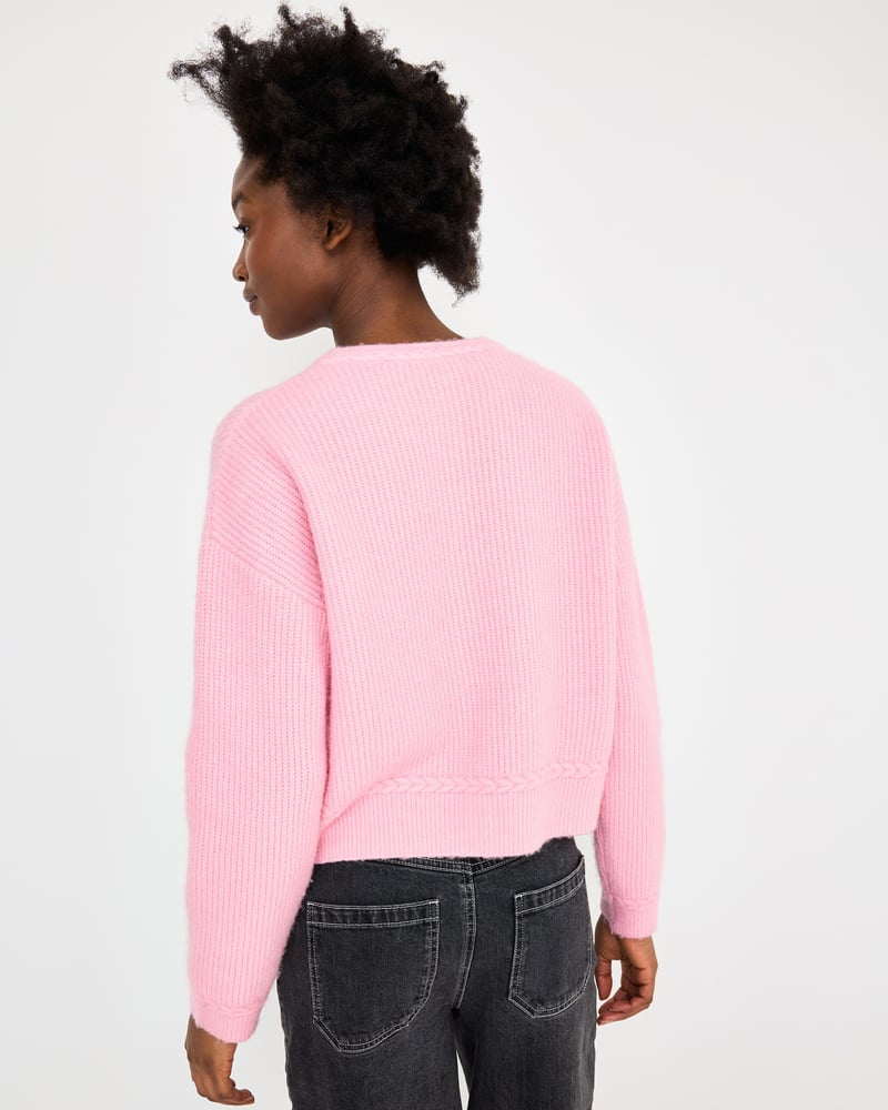 Light Pink Plait Stitch Crew Neck Knitted Cardigan