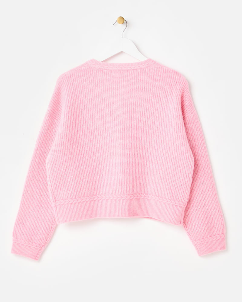 Light Pink Plait Stitch Crew Neck Knitted Cardigan