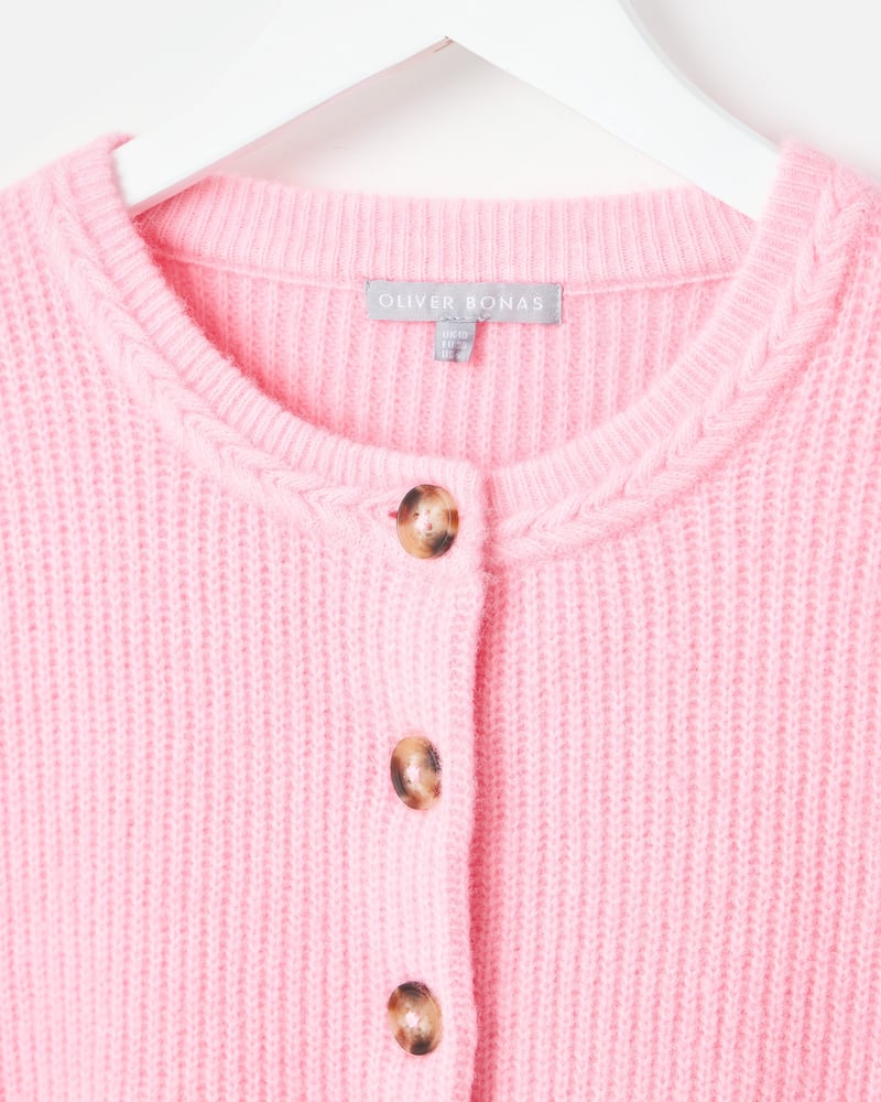 Light Pink Plait Stitch Crew Neck Knitted Cardigan