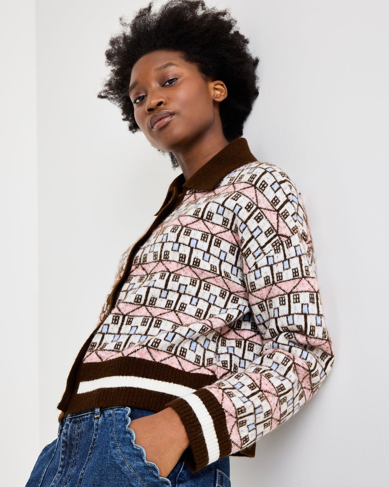 Chocolate Brown House Print Collared Knitted Cardigan