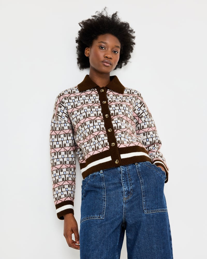 Chocolate Brown House Print Collared Knitted Cardigan