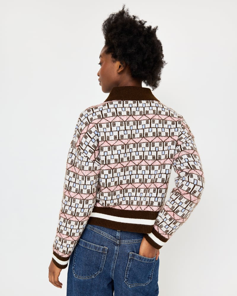 Chocolate Brown House Print Collared Knitted Cardigan