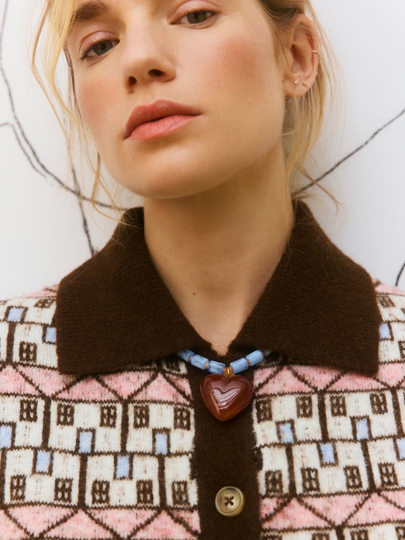 Chocolate Brown House Print Collared Knitted Cardigan