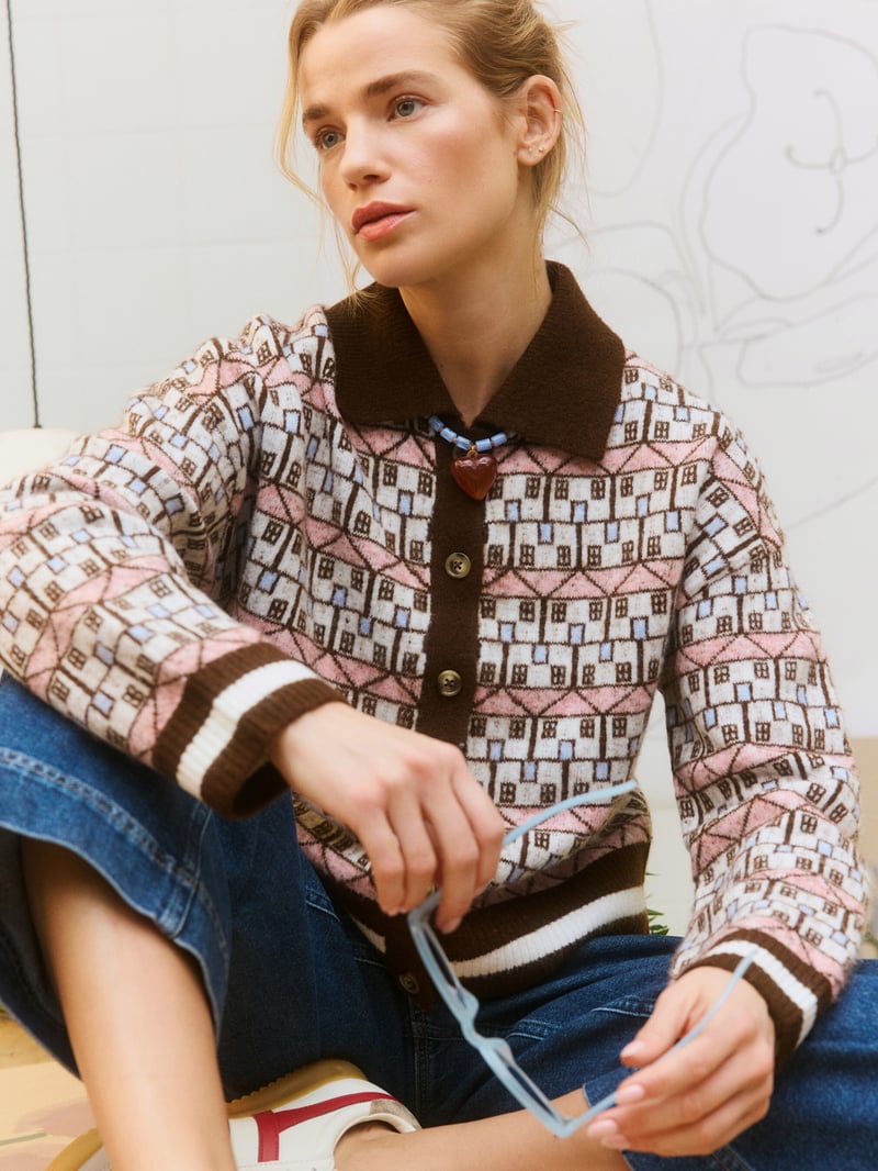 Chocolate Brown House Print Collared Knitted Cardigan