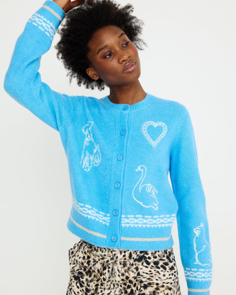Blue Embroidered Crew Neck Knitted Cardigan