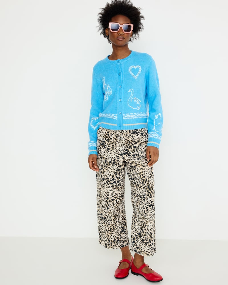 Blue Embroidered Crew Neck Knitted Cardigan
