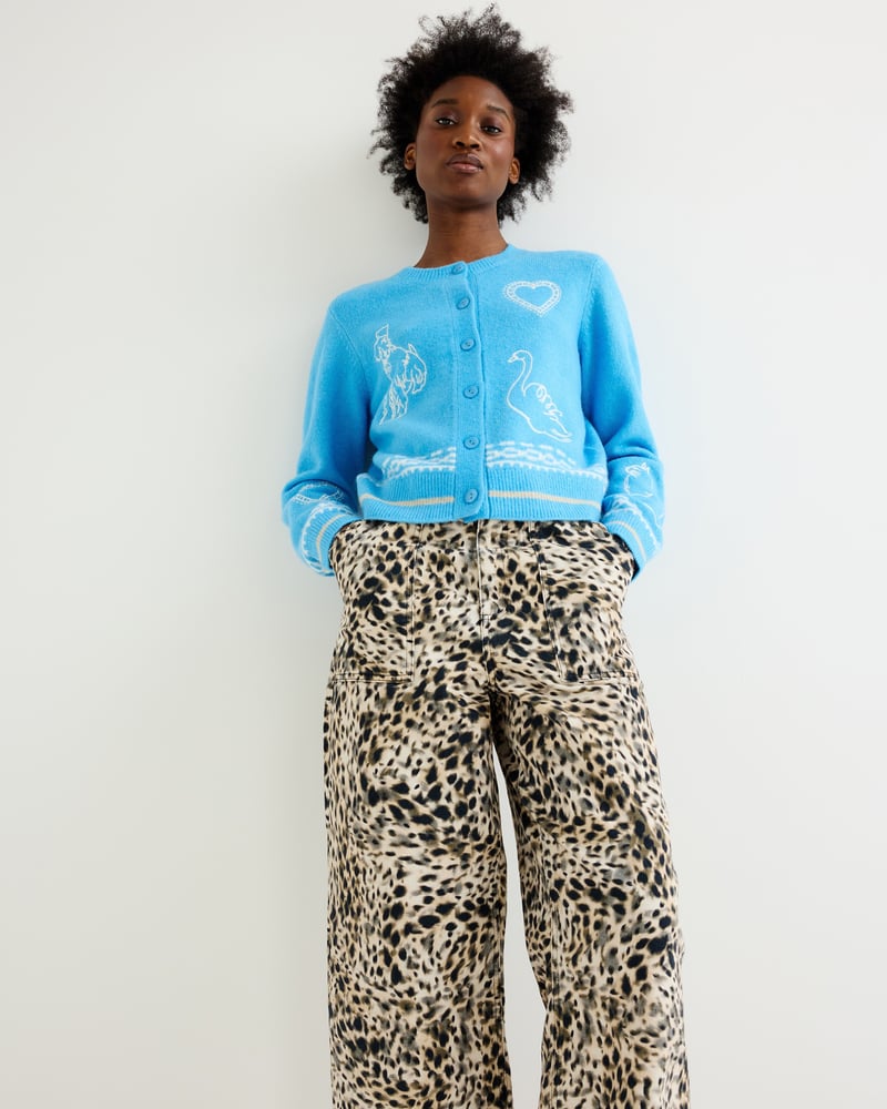 Blue Embroidered Crew Neck Knitted Cardigan