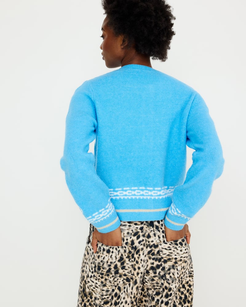 Blue Embroidered Crew Neck Knitted Cardigan