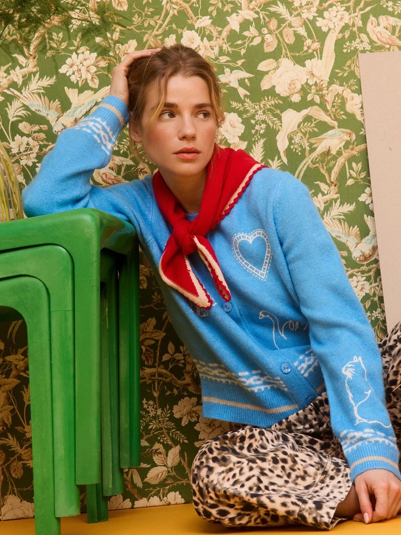 Blue Embroidered Crew Neck Knitted Cardigan