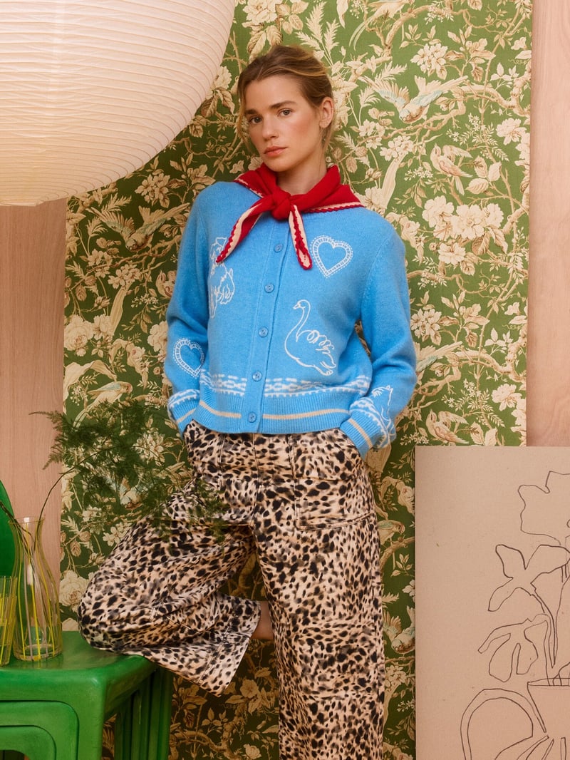 Blue Embroidered Crew Neck Knitted Cardigan