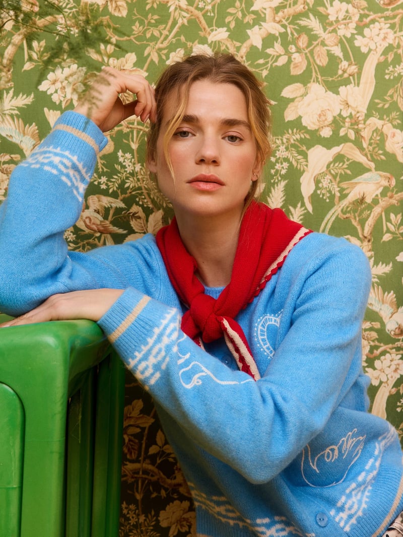 Blue Embroidered Crew Neck Knitted Cardigan