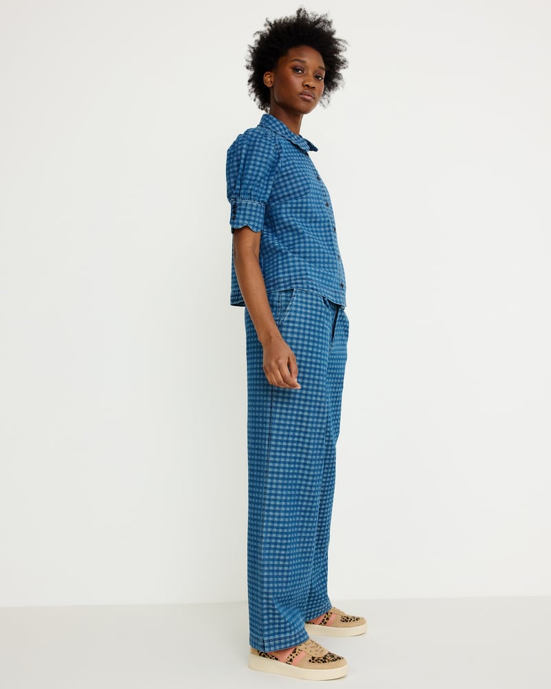 Blue Denim Gingham Wide Leg Jeans