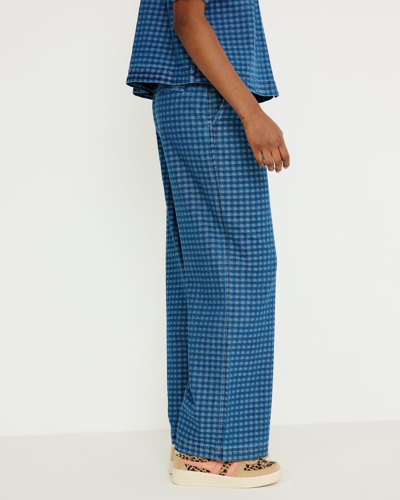 Blue Denim Gingham Wide Leg Jeans