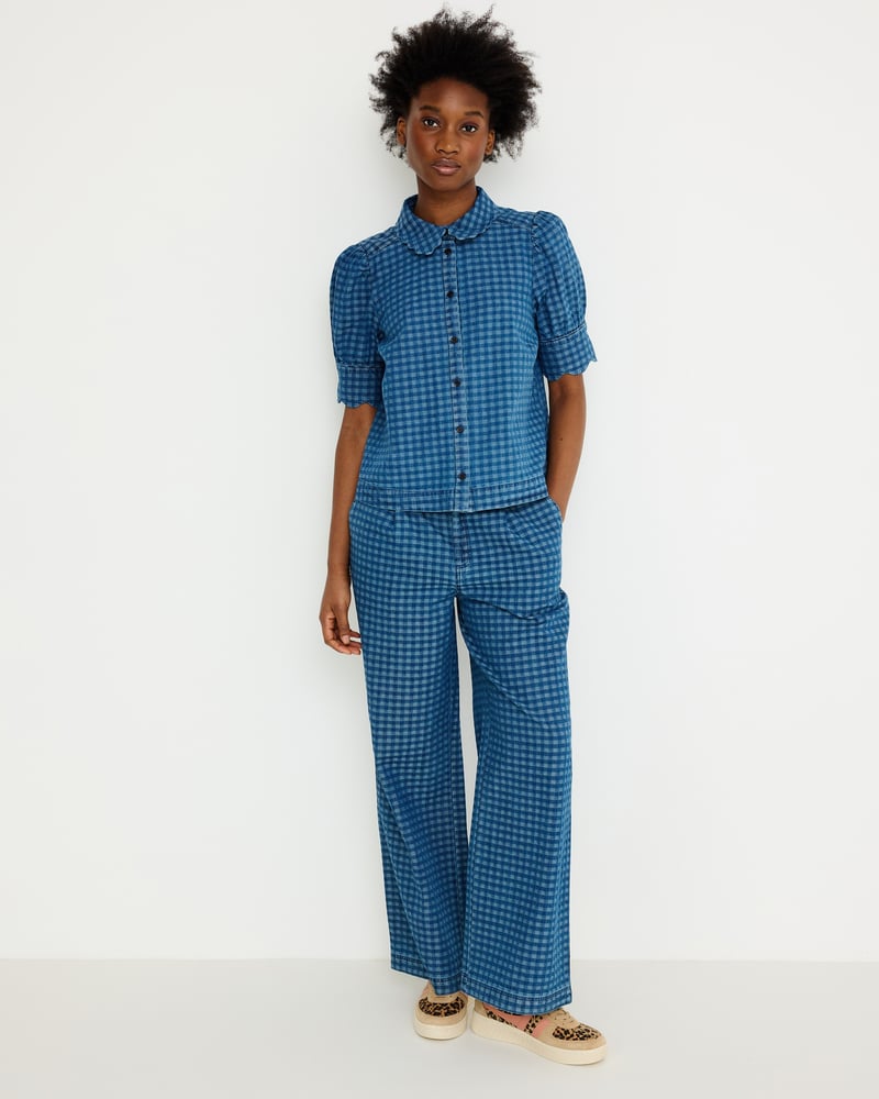 Blue Denim Gingham Wide Leg Jeans