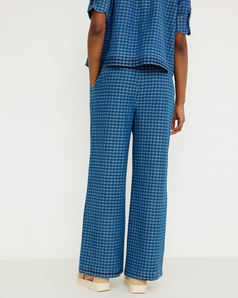 Blue Denim Gingham Wide Leg Jeans