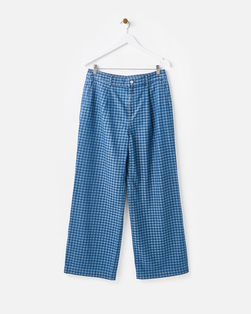 Blue Denim Gingham Wide Leg Jeans