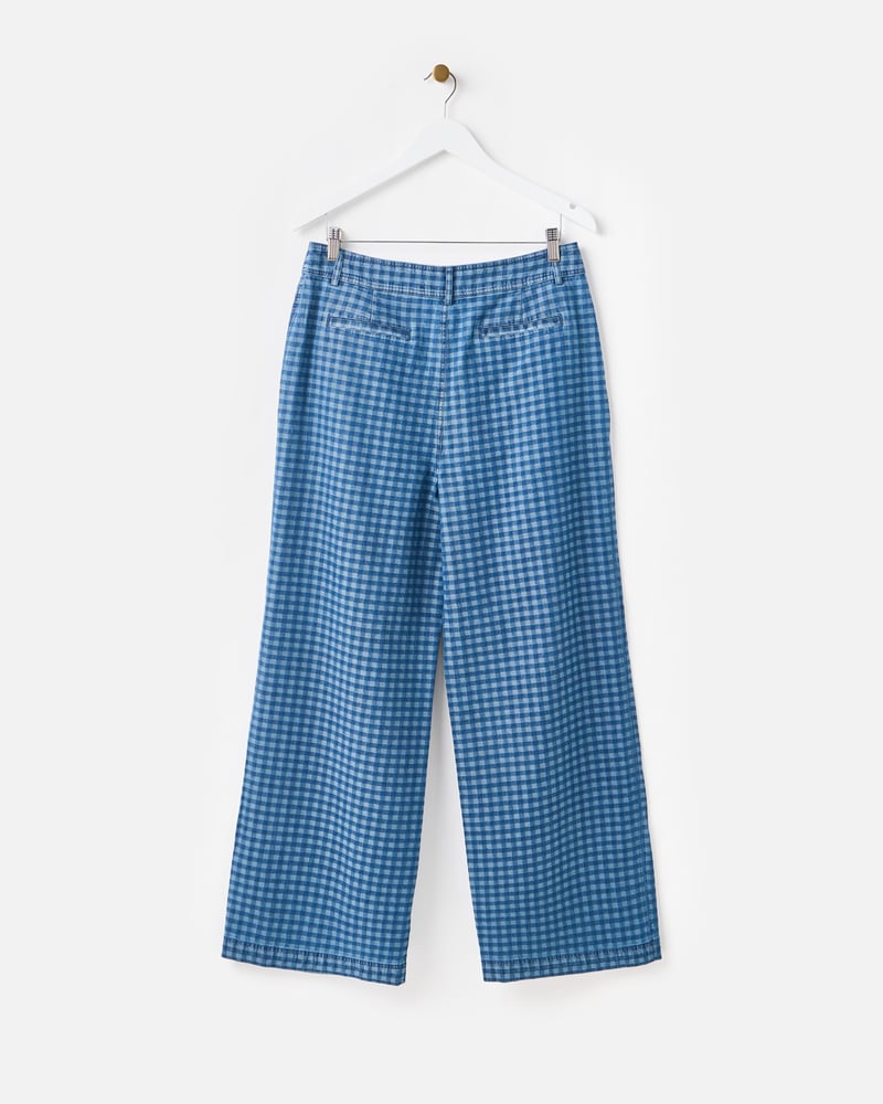 Blue Denim Gingham Wide Leg Jeans