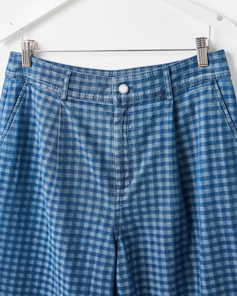 Blue Denim Gingham Wide Leg Jeans