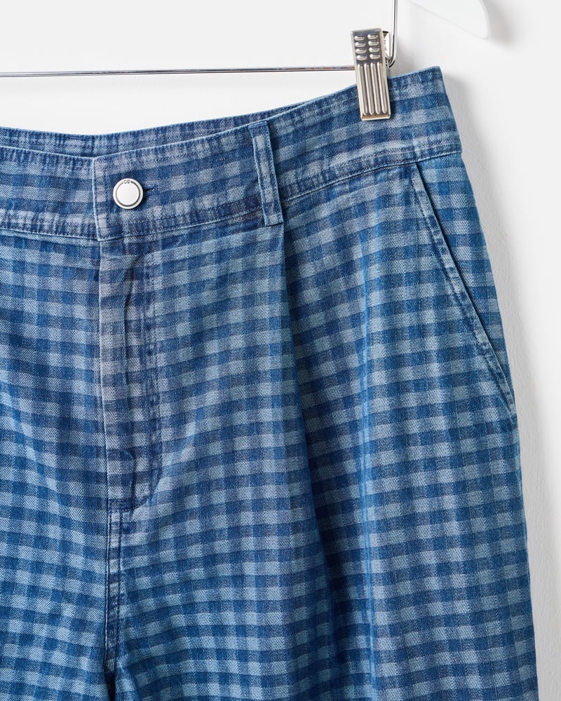 Blue Denim Gingham Wide Leg Jeans