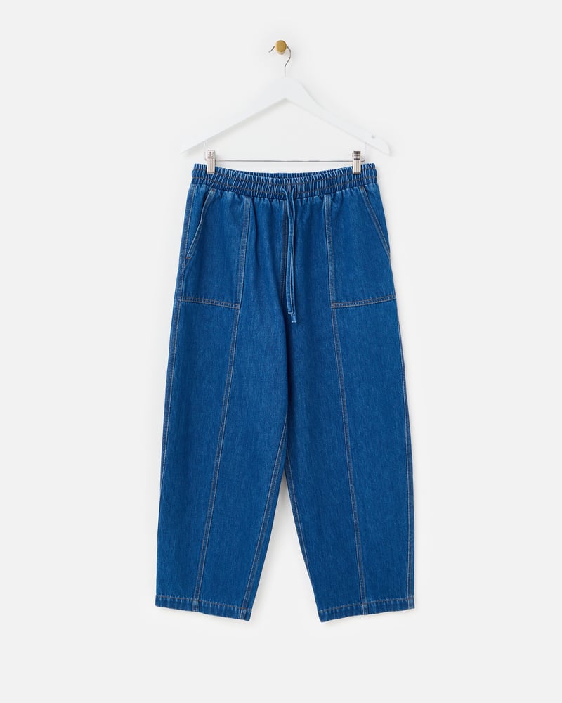 Blue Denim Tie Waist Barrel Leg Jeans