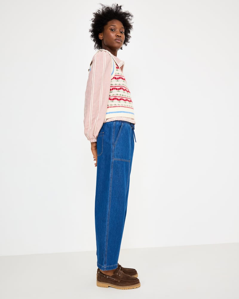 Blue Denim Tie Waist Barrel Leg Jeans