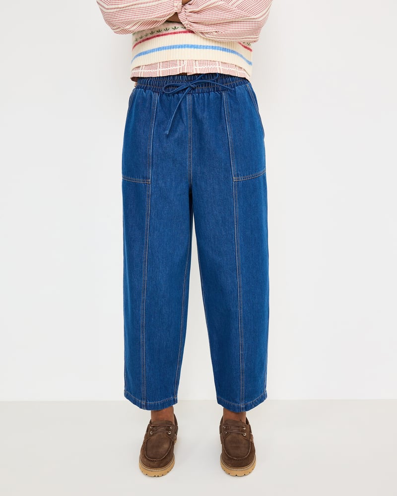 Blue Denim Tie Waist Barrel Leg Jeans