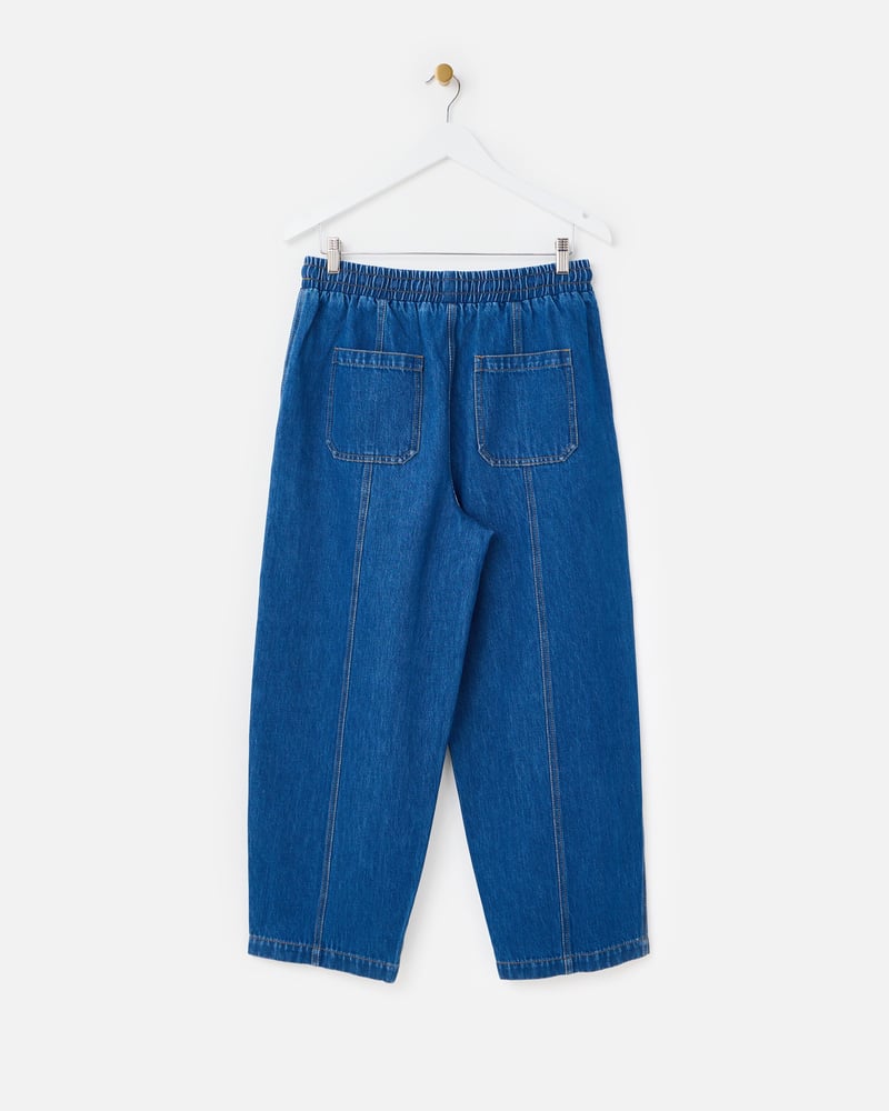 Blue Denim Tie Waist Barrel Leg Jeans