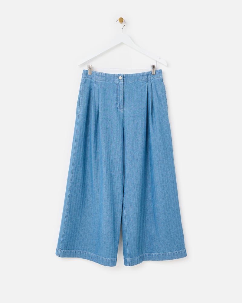 Blue Denim Pleat Waist Cropped Wide Leg Jeans