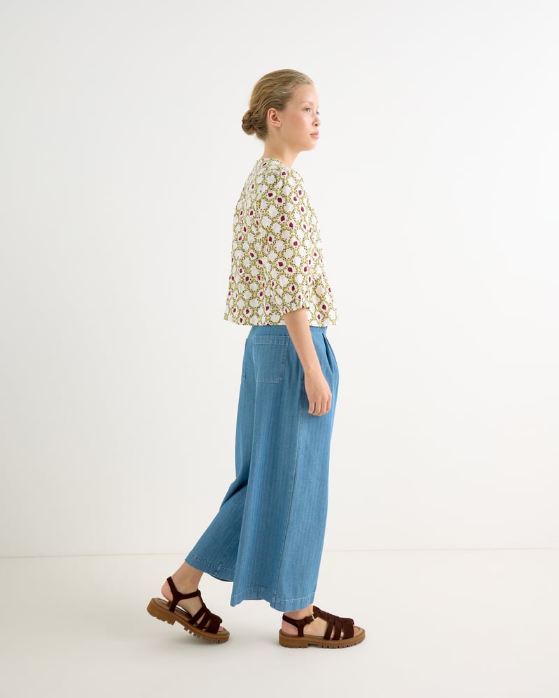 Blue Denim Pleat Waist Cropped Wide Leg Jeans