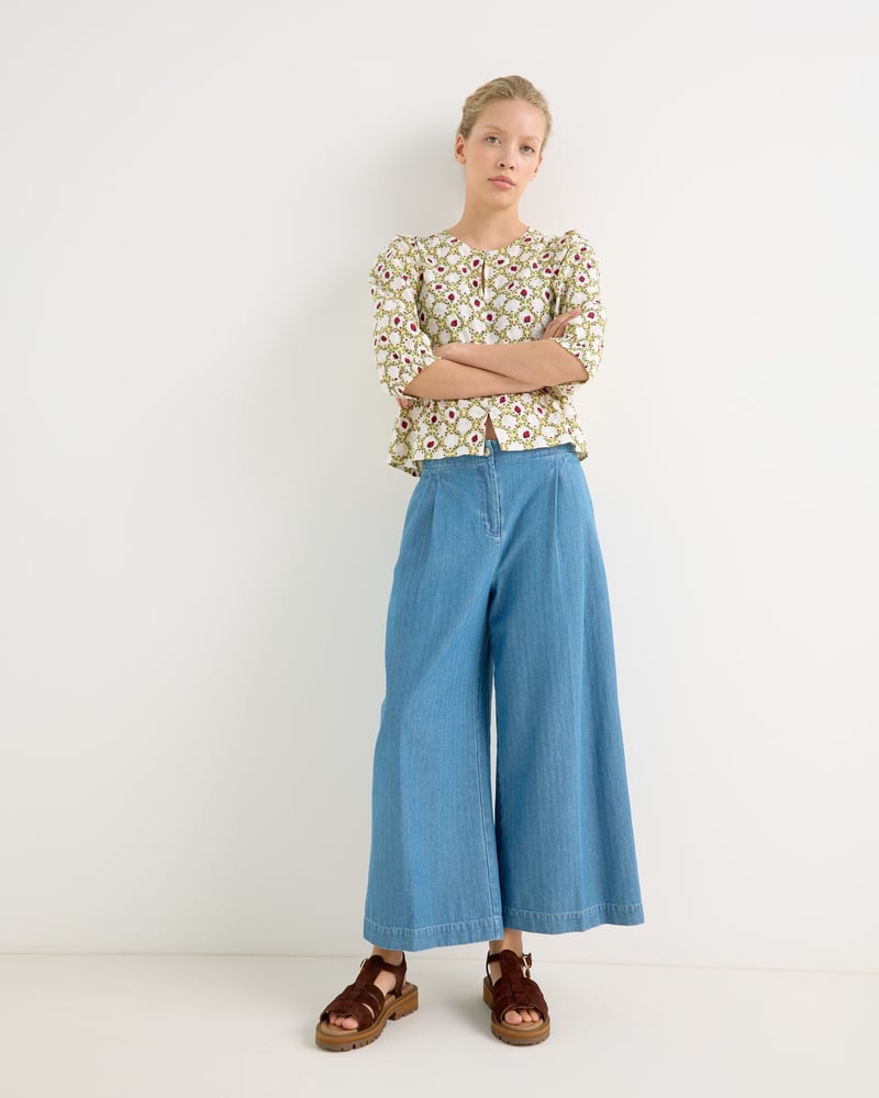 Blue Denim Pleat Waist Cropped Wide Leg Jeans