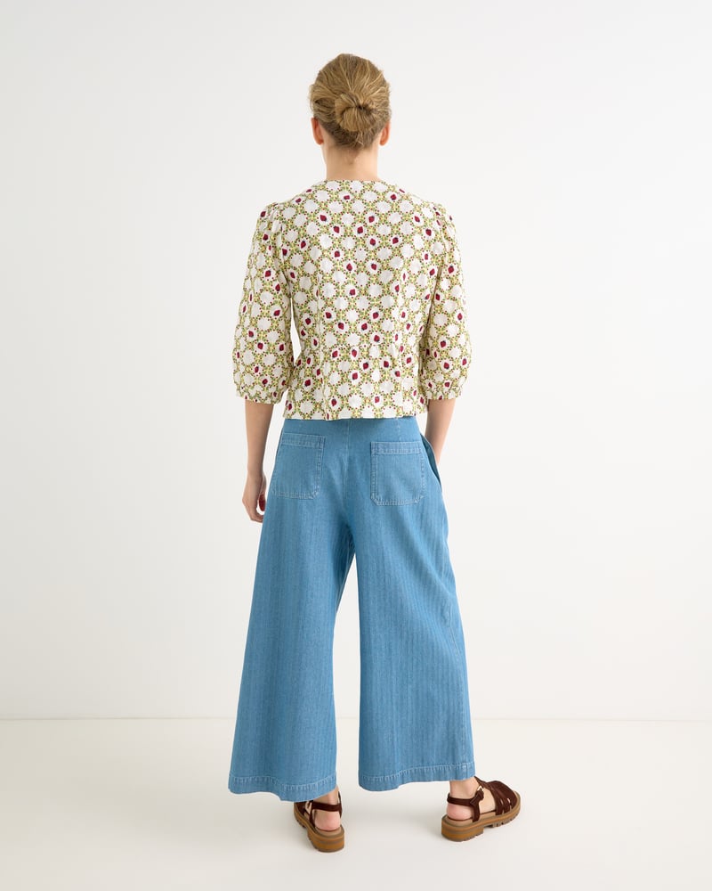 Blue Denim Pleat Waist Cropped Wide Leg Jeans
