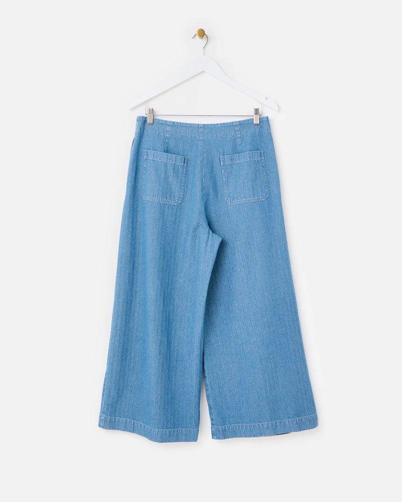 Blue Denim Pleat Waist Cropped Wide Leg Jeans