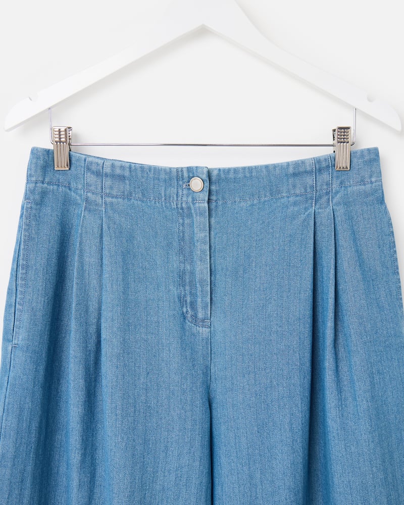 Blue Denim Pleat Waist Cropped Wide Leg Jeans