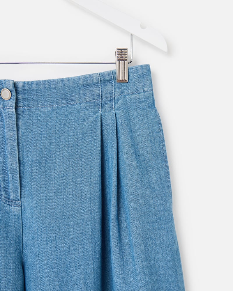 Blue Denim Pleat Waist Cropped Wide Leg Jeans