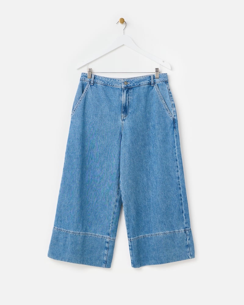 Blue Denim Cropped Wide Leg Jeans