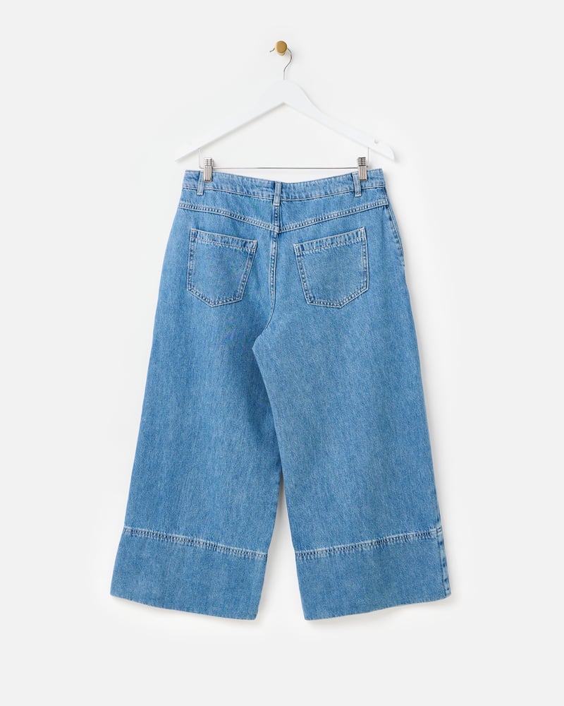 Blue Denim Cropped Wide Leg Jeans