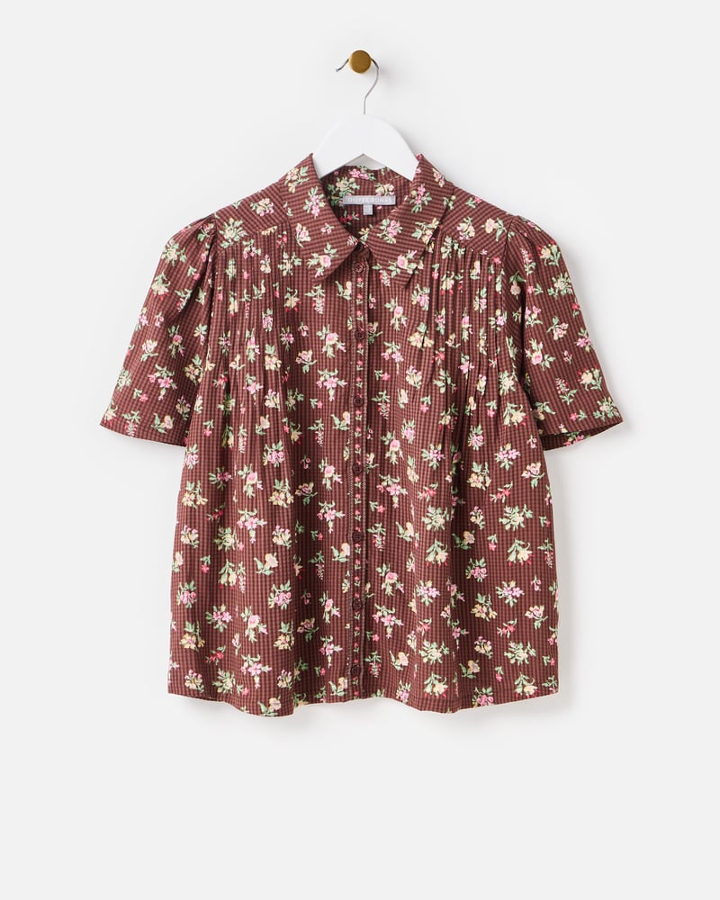 Chocolate Brown Floral Short Sleeve Blouse