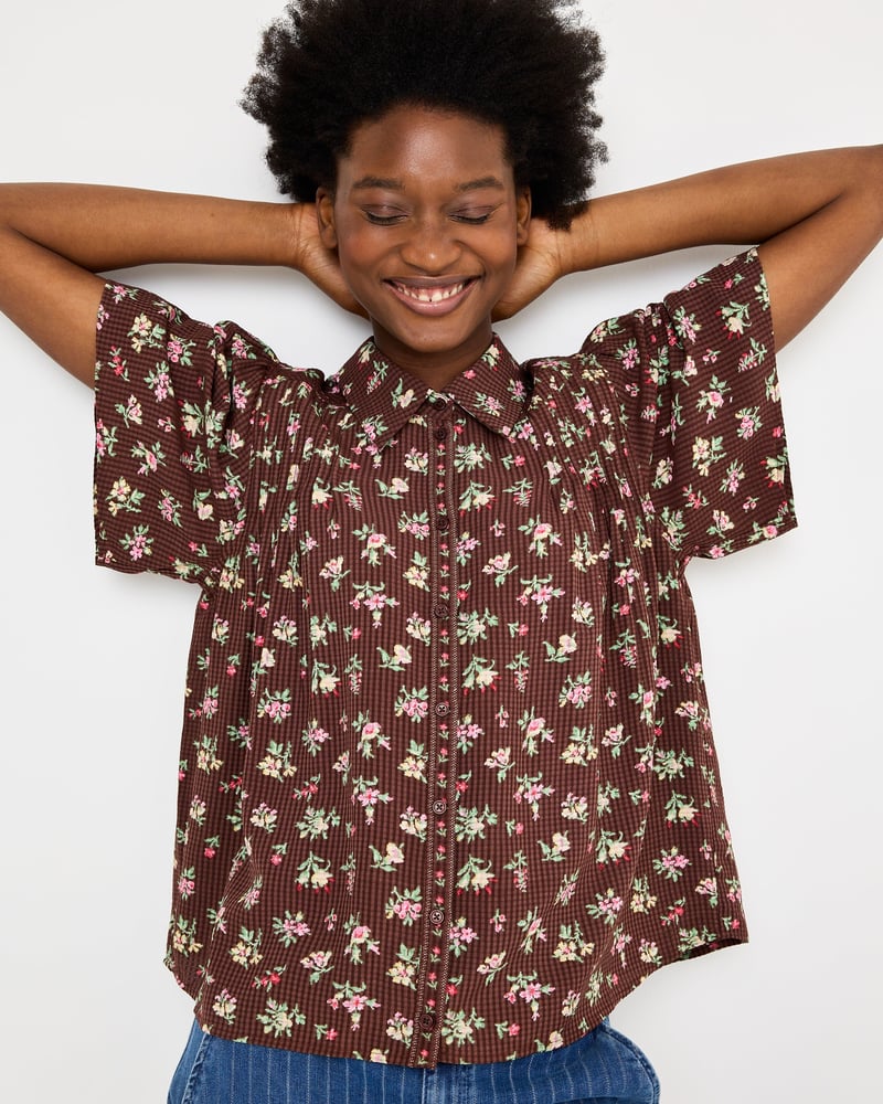 Chocolate Brown Floral Short Sleeve Blouse