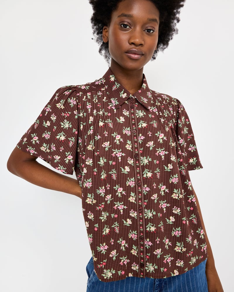 Chocolate Brown Floral Short Sleeve Blouse