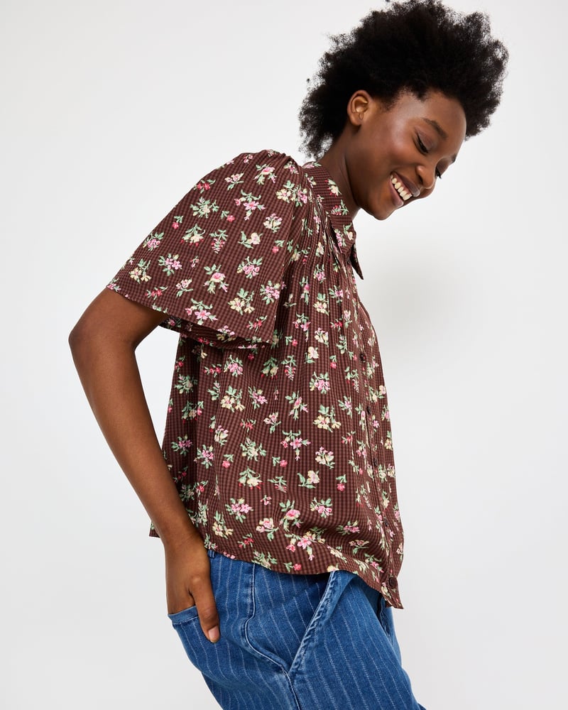 Chocolate Brown Floral Short Sleeve Blouse