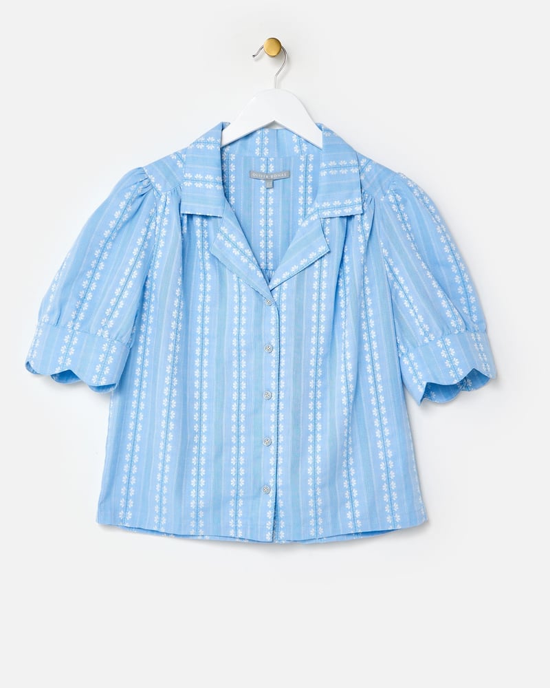 Blue Dobby Button Up Short Sleeve Blouse