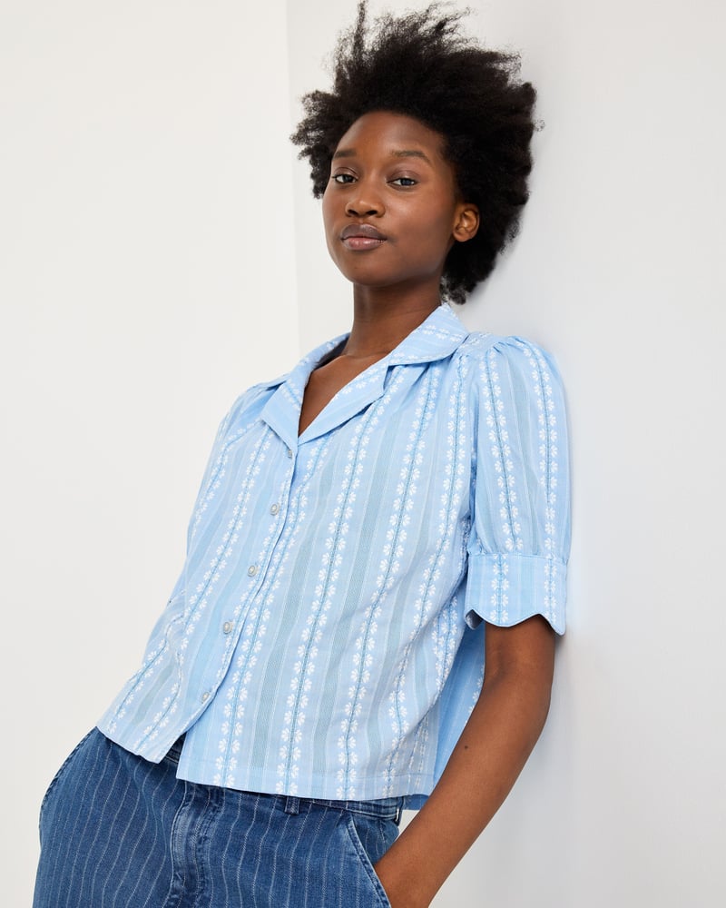 Blue Dobby Button Up Short Sleeve Blouse