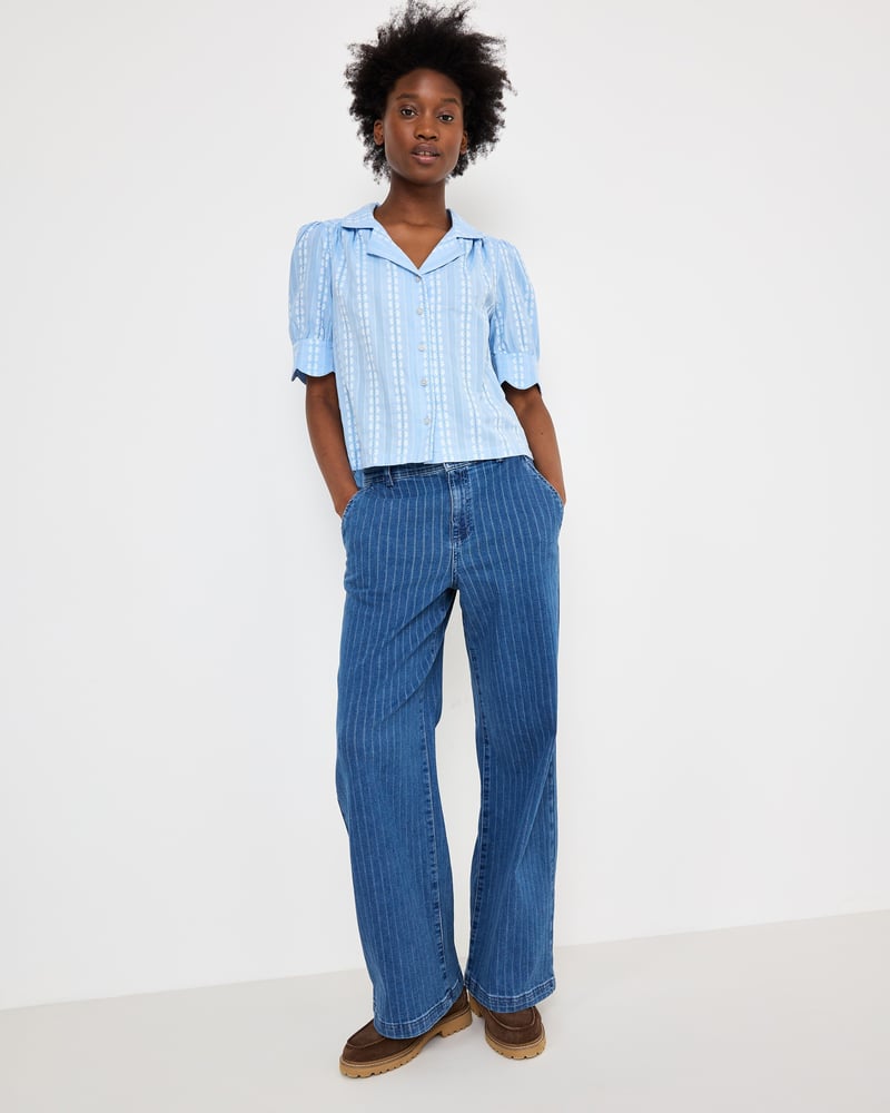 Blue Dobby Button Up Short Sleeve Blouse