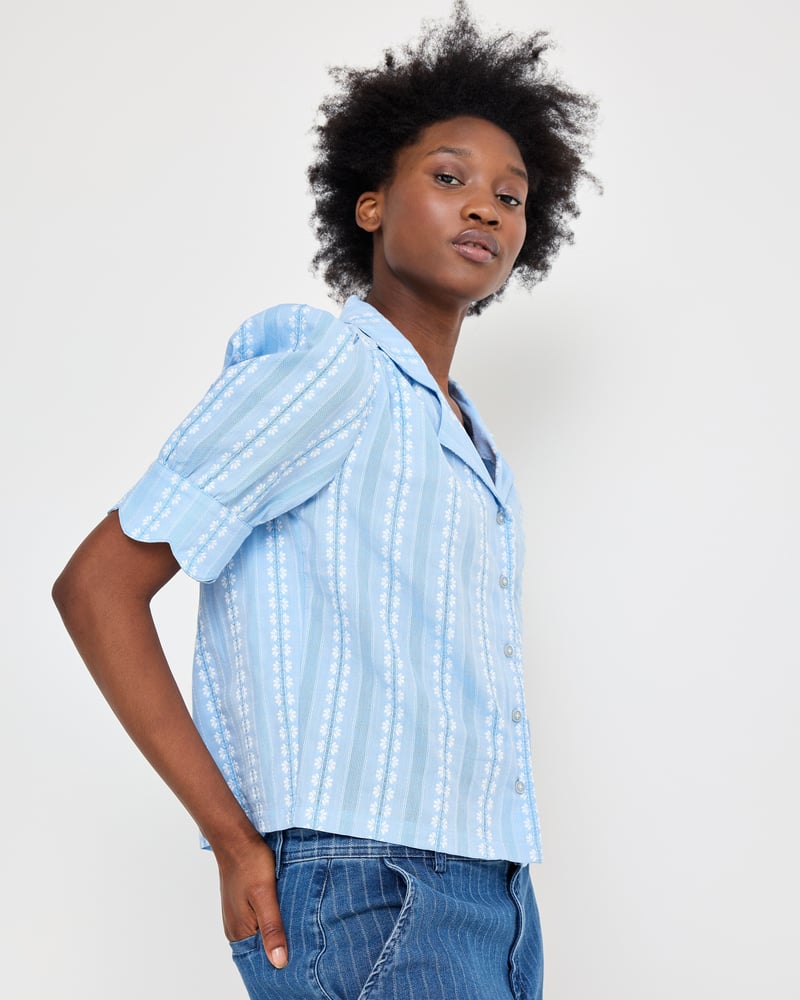 Blue Dobby Button Up Short Sleeve Blouse