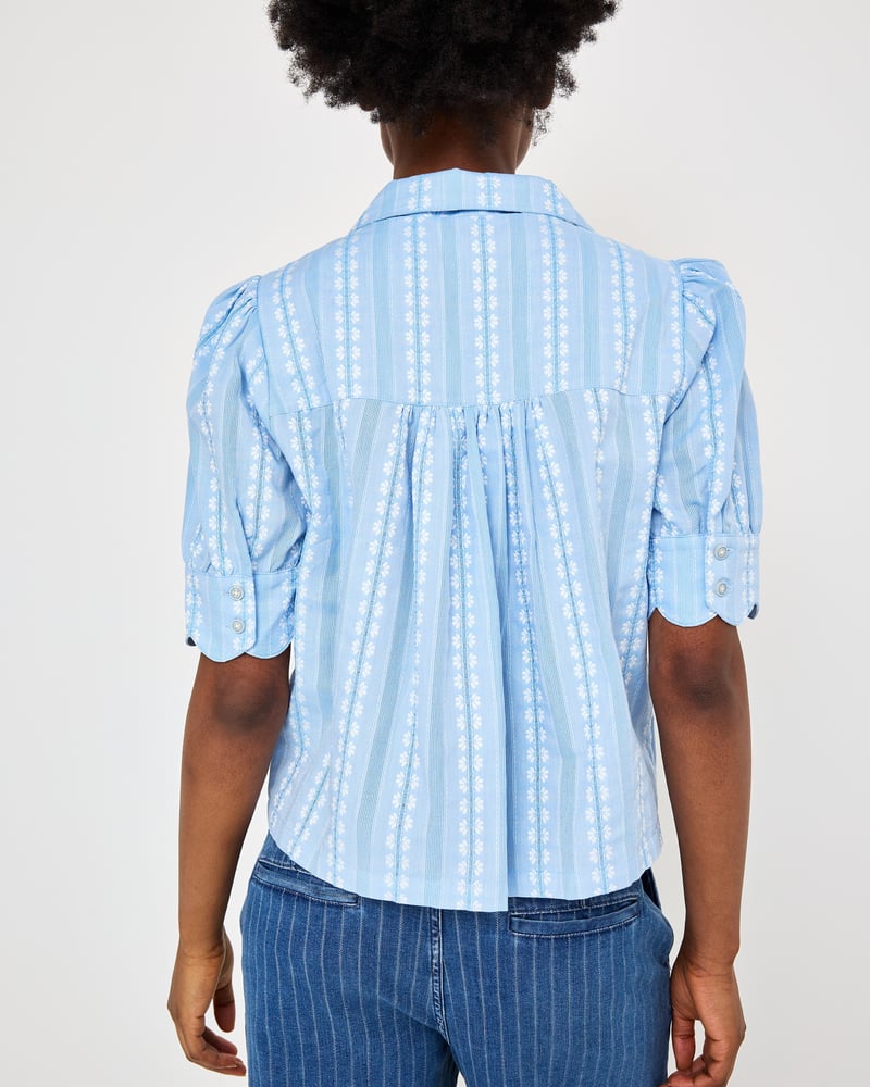 Blue Dobby Button Up Short Sleeve Blouse