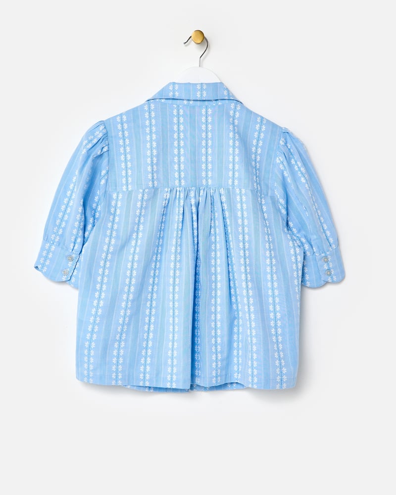 Blue Dobby Button Up Short Sleeve Blouse